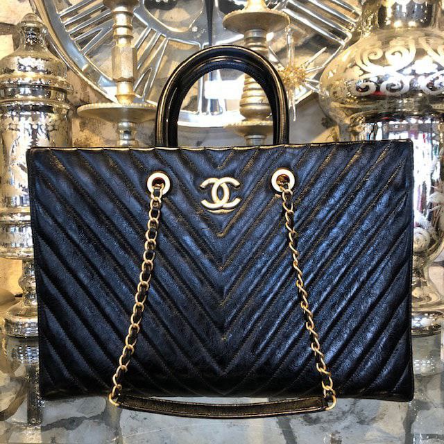 Chanel Glazed Calfskin Chevron Quilted Shopper Tote Black